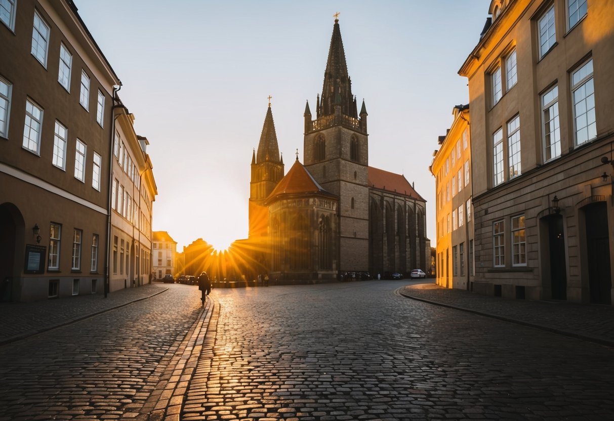 The sun sets behind Aarhus Cathedral, casting a warm glow on the ancient stone facade and surrounding cobblestone streets