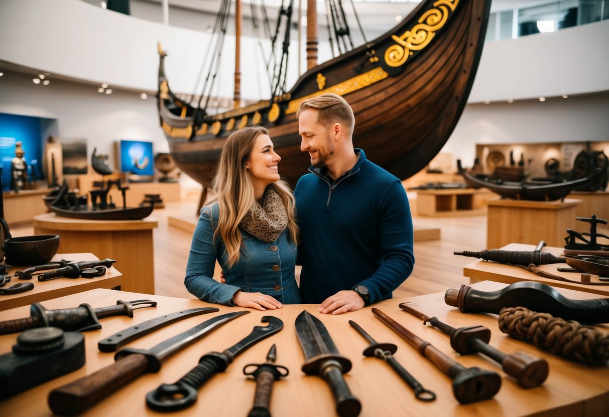 A couple explores Viking artifacts at Aarhus Viking Museum, surrounded by ancient weapons and tools, with a ship replica in the background