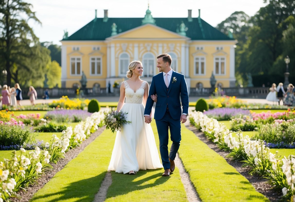 A couple strolls through the lush gardens of Marselisborg Palace, surrounded by blooming flowers and elegant architecture