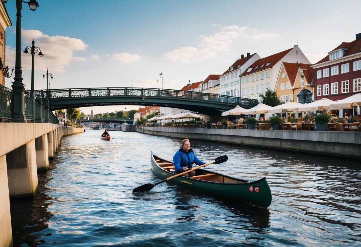 A canoe glides down Aarhus Å, passing under quaint bridges and alongside charming waterfront cafes