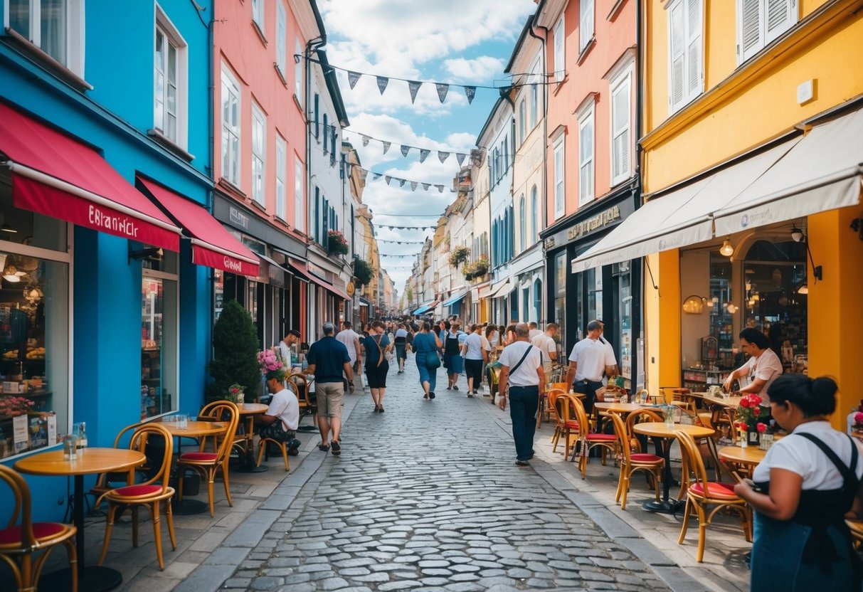 Busy street with colorful storefronts, cobblestone paths, and people browsing. Outdoor cafes and street performers add to the lively atmosphere