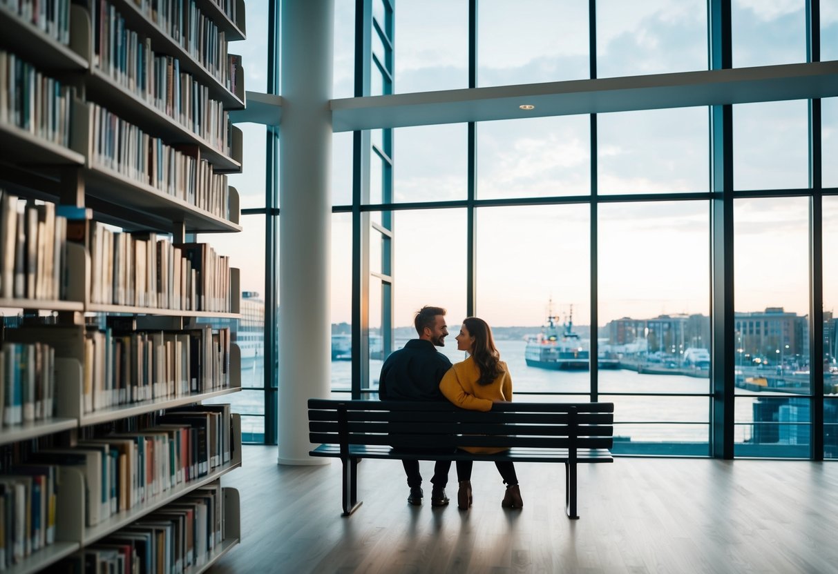 A couple sits on a bench in Dokk1 Library, surrounded by books and modern architecture, with a view of the Aarhus harbor through the large windows