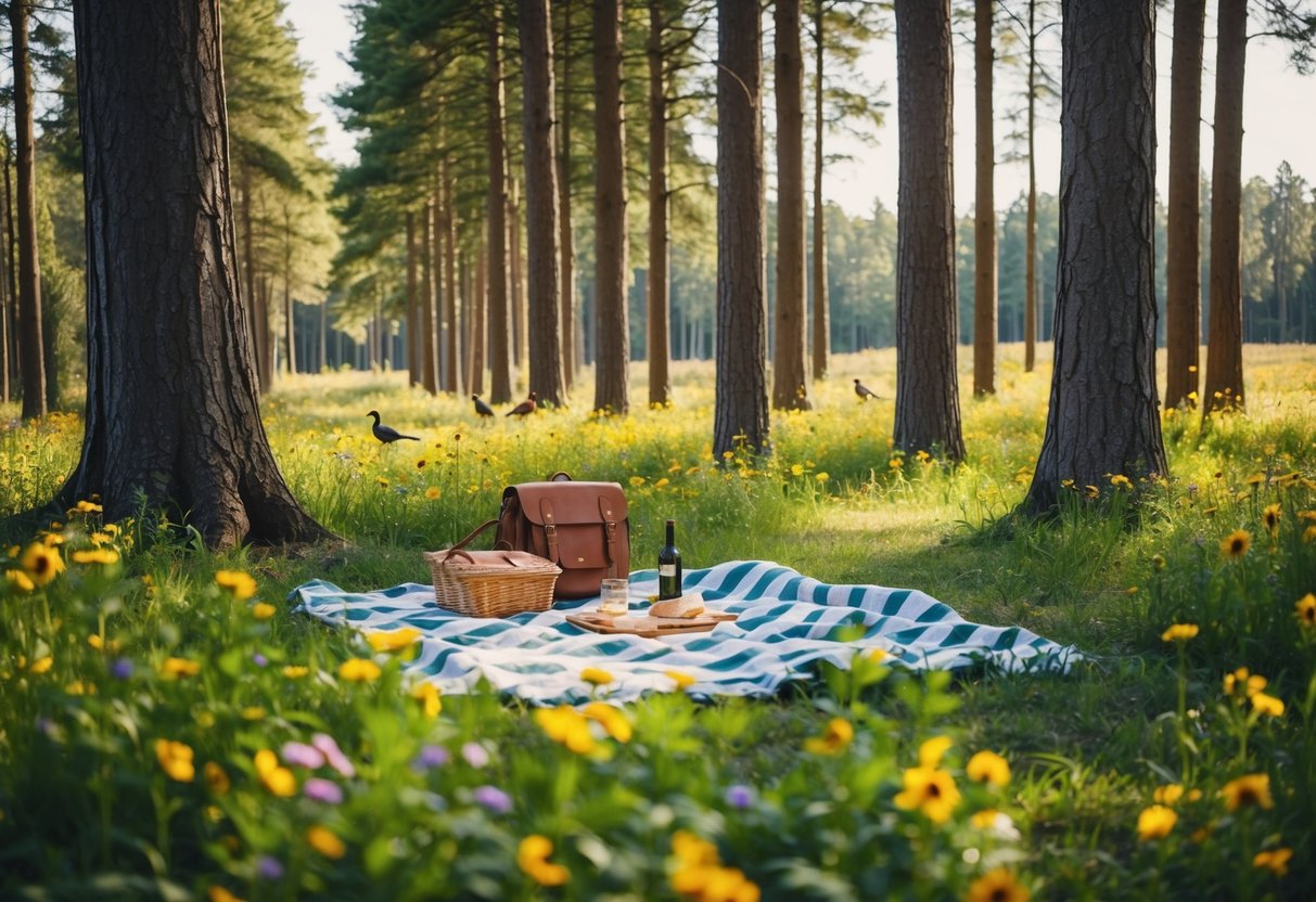 A peaceful picnic in Marselisborg Forest, with a blanket spread under the shade of tall trees, surrounded by colorful wildflowers and the sound of birds chirping