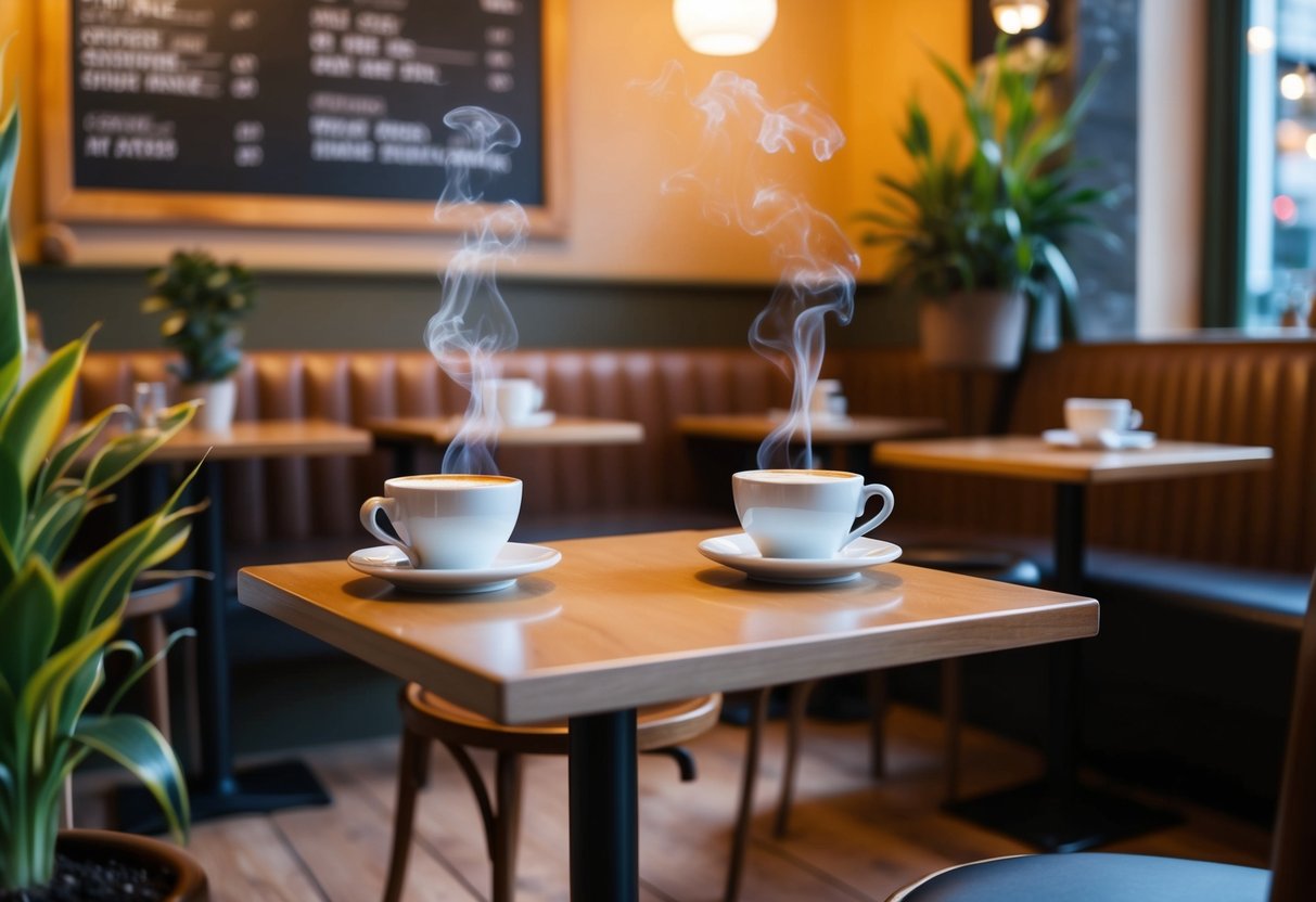 A cozy café with warm lighting, small tables, and steaming cups of coffee. A chalkboard menu and potted plants add to the inviting atmosphere