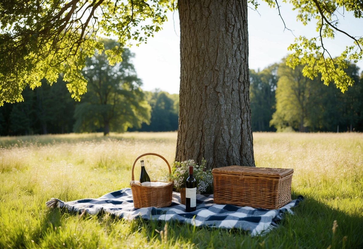 A sunny clearing in Riis Skov, with a checkered blanket spread under a tall oak tree. A wicker basket, a bottle of wine, and a bouquet of wildflowers complete the scene