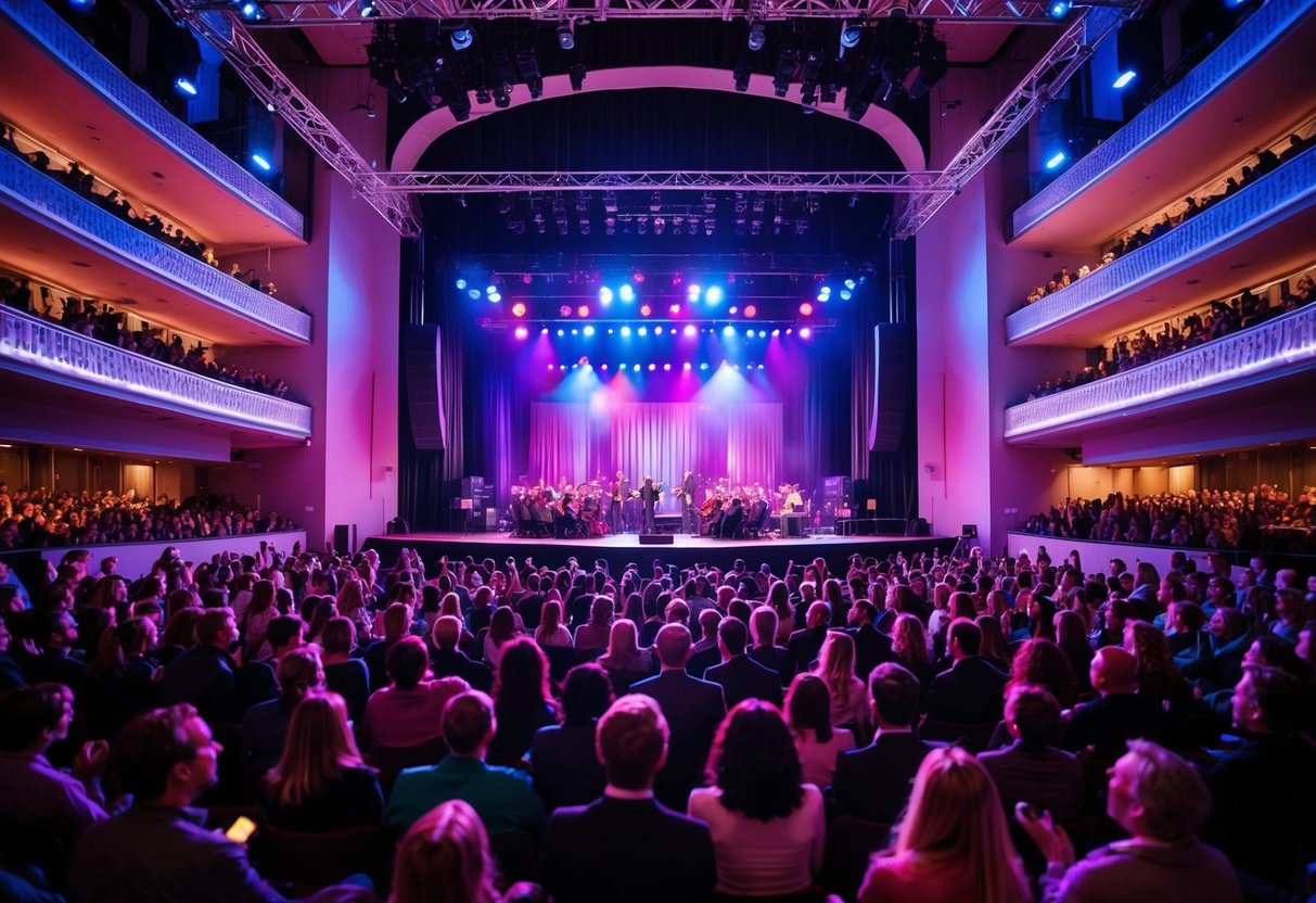 The Aarhus Music Hall is filled with excited concert-goers, the stage illuminated by colorful lights, and the sound of music fills the air