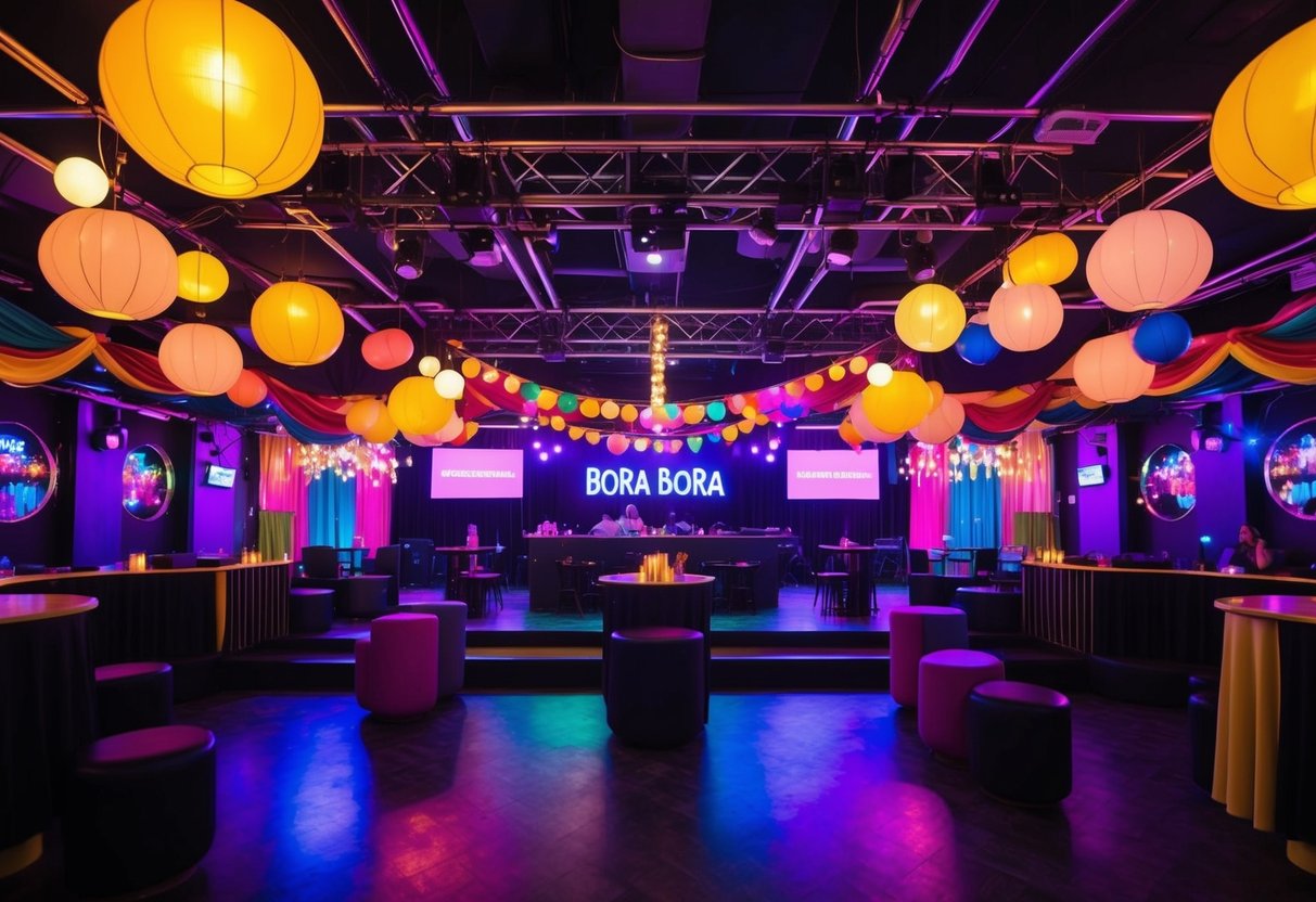 A vibrant dance venue in Bora Bora with lively music and colorful decor, perfect for a date night in Aarhus