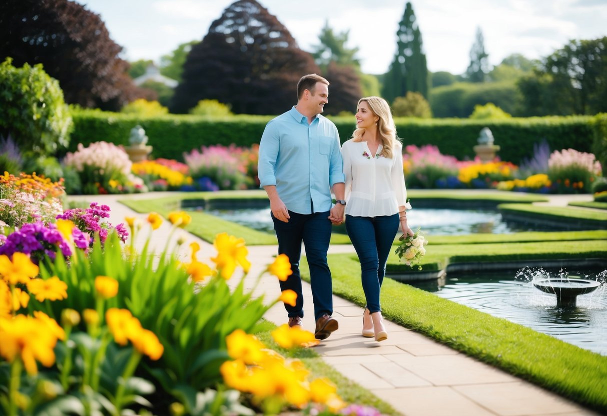 A couple strolling through the lush gardens of Ø-Haven, surrounded by colorful flowers and serene water features