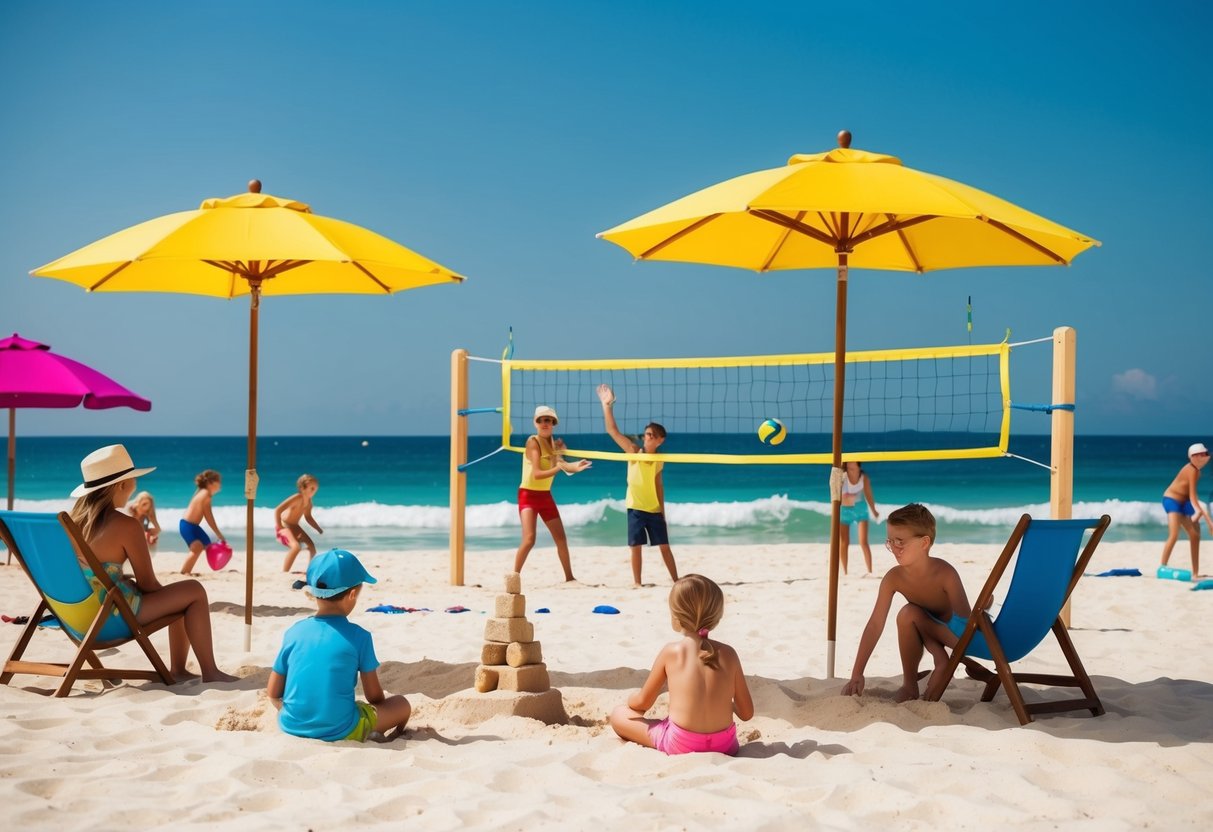 A sunny beach with colorful umbrellas, people playing volleyball, and children building sandcastles, with a clear blue sky and calm waves