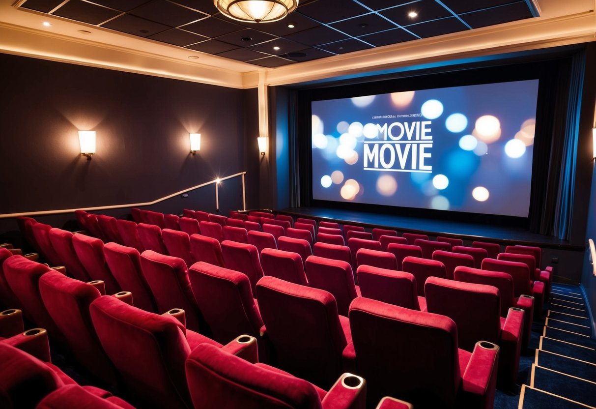 A cozy movie theater with dimmed lights, rows of red plush seats, and a large screen displaying the movie title