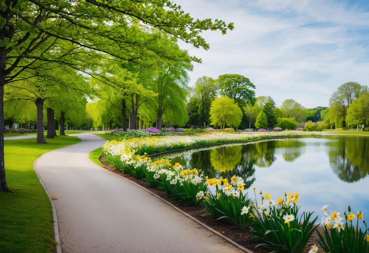 A peaceful stroll through Mindeparken, with blooming flowers, winding paths, and a serene lake reflecting the surrounding greenery