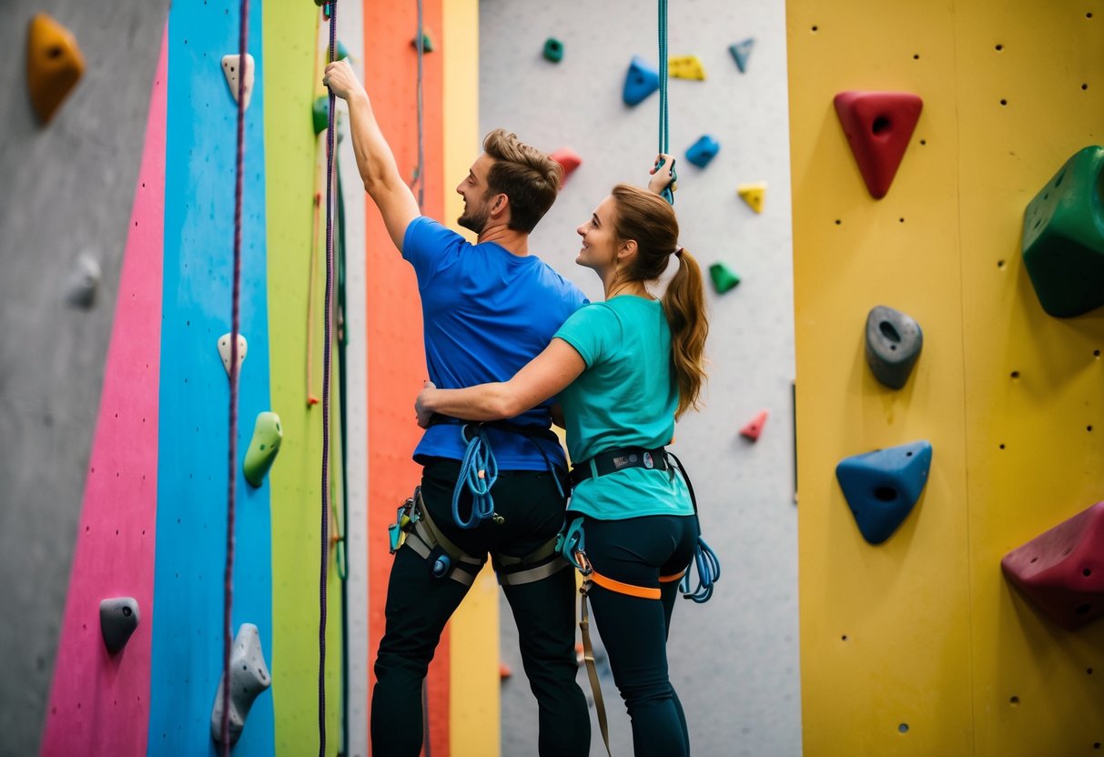 A couple climbing together at Aarhus Climbing Center, surrounded by colorful walls and holds, with ropes and safety equipment visible