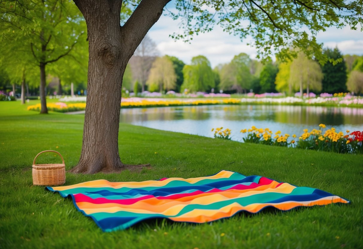 A colorful picnic blanket spread under a leafy tree, surrounded by blooming flowers and a picturesque pond in Østre Anlæg Park
