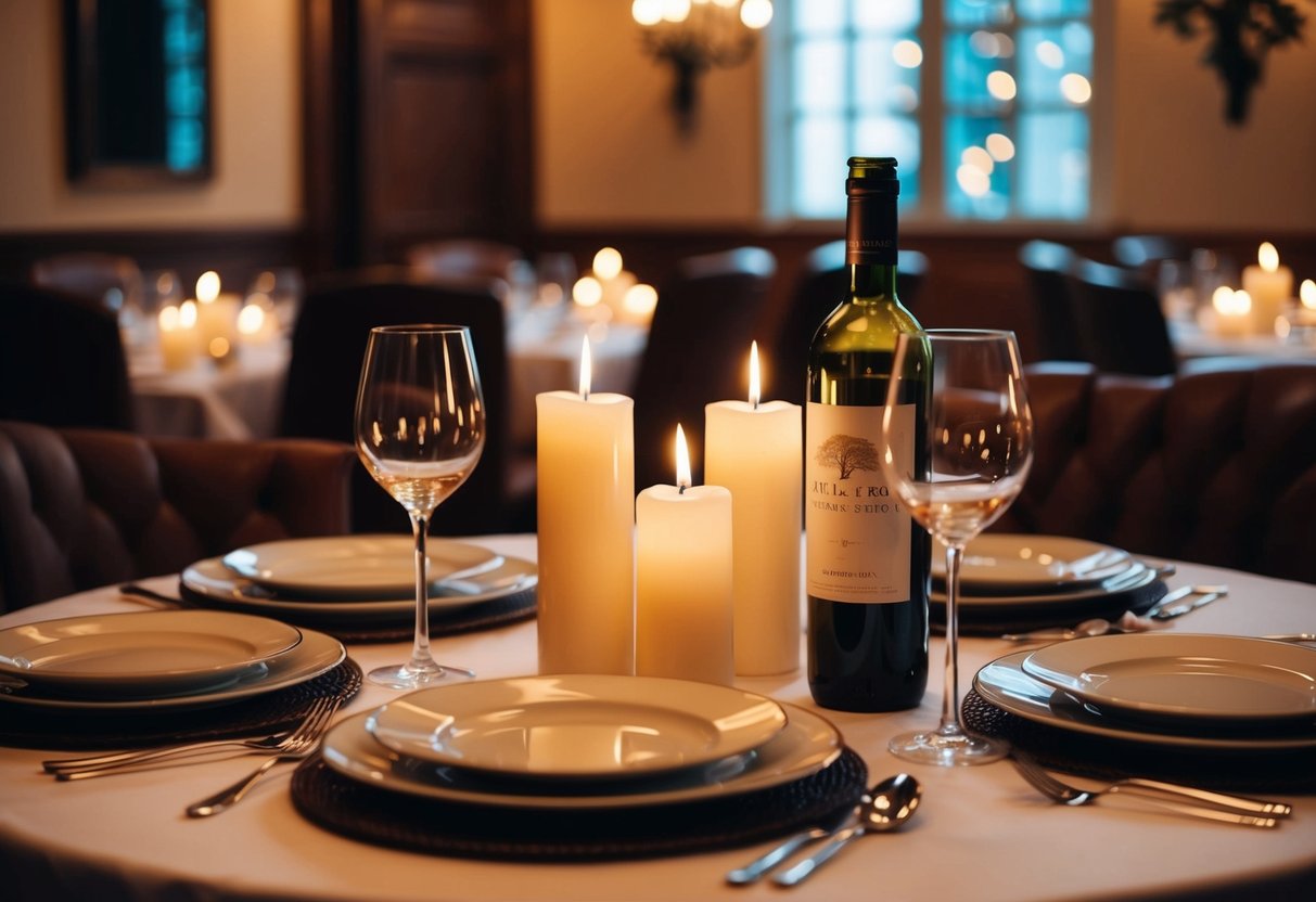 A cozy candlelit table set with elegant dinnerware and a bottle of wine at Mortens Kro in Aalborg