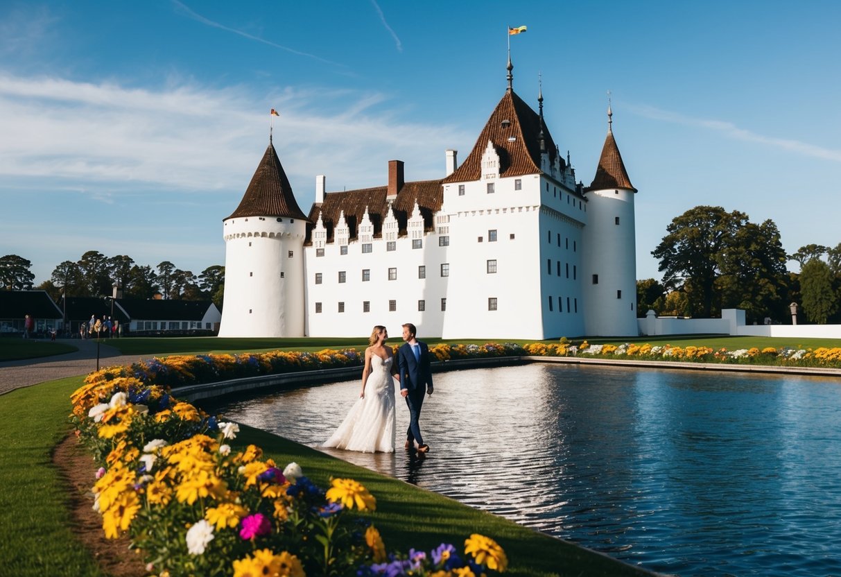 Aalborghus Castle with a couple walking by the moat, surrounded by colorful flowers and a clear blue sky
