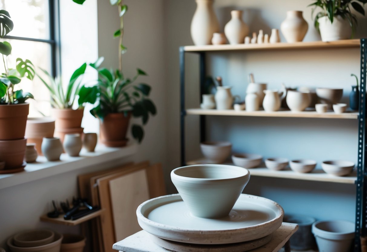 A pottery wheel in a cozy studio with shelves of clay vessels and tools, surrounded by natural light and plants