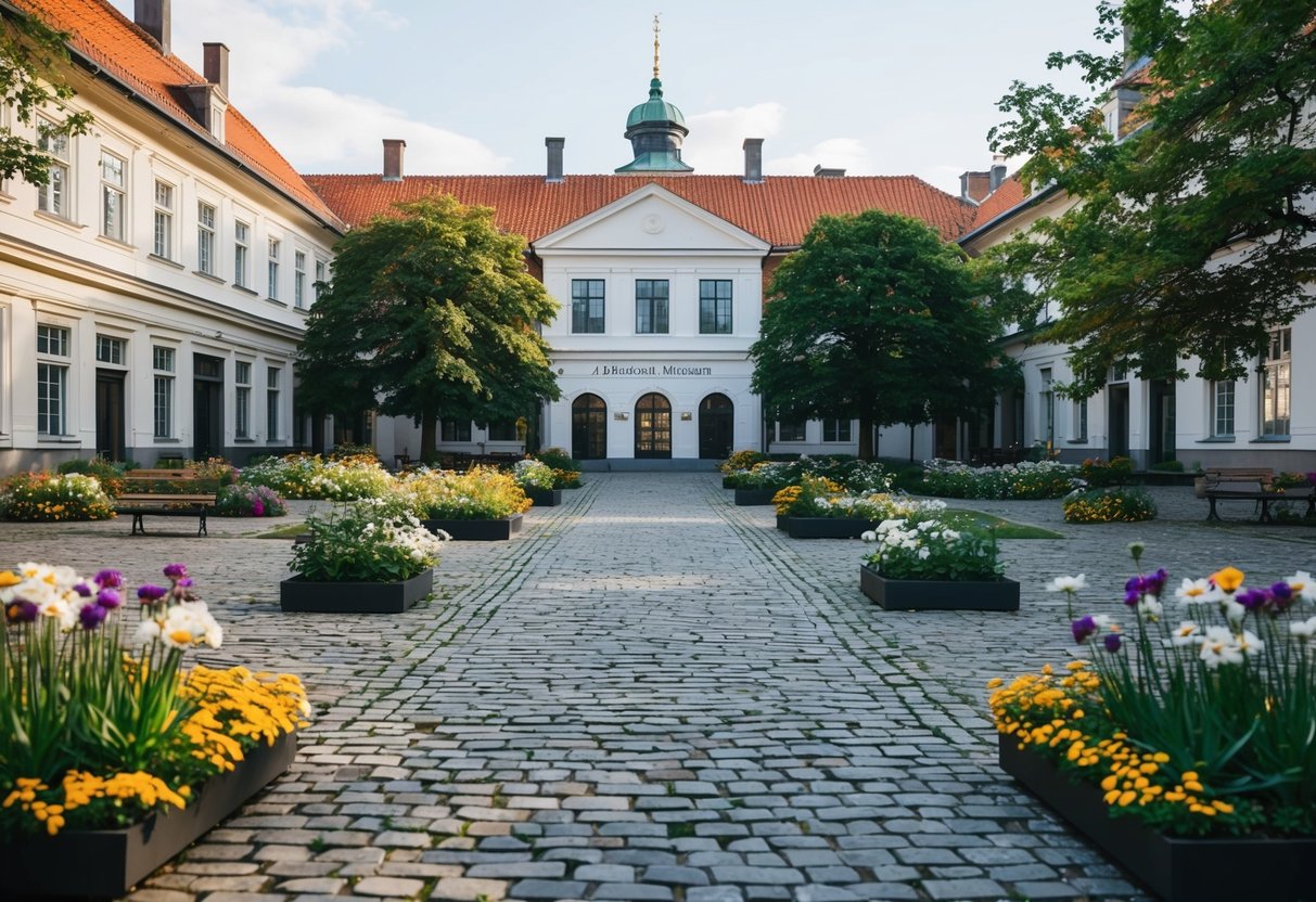 The Aalborg Historical Museum courtyard in summer, with blooming flowers, cobblestone paths, and a historic building facade
