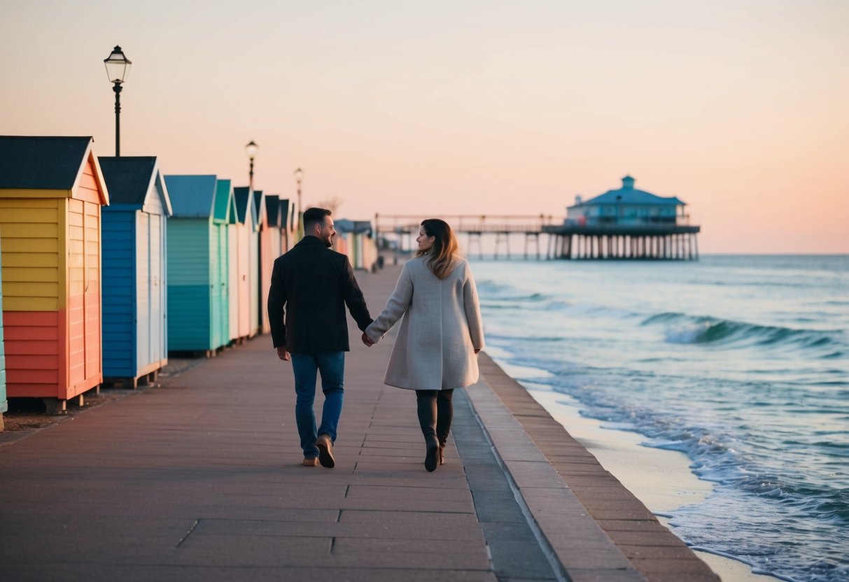 A couple strolling along the seaside promenade at sunset, with colorful beach huts and a distant pier in the background