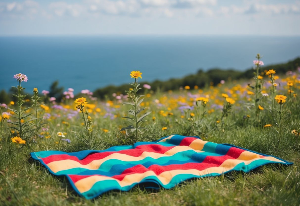 A colorful picnic blanket spread out on the grassy hill, surrounded by blooming wildflowers and a view of the sea in the distance