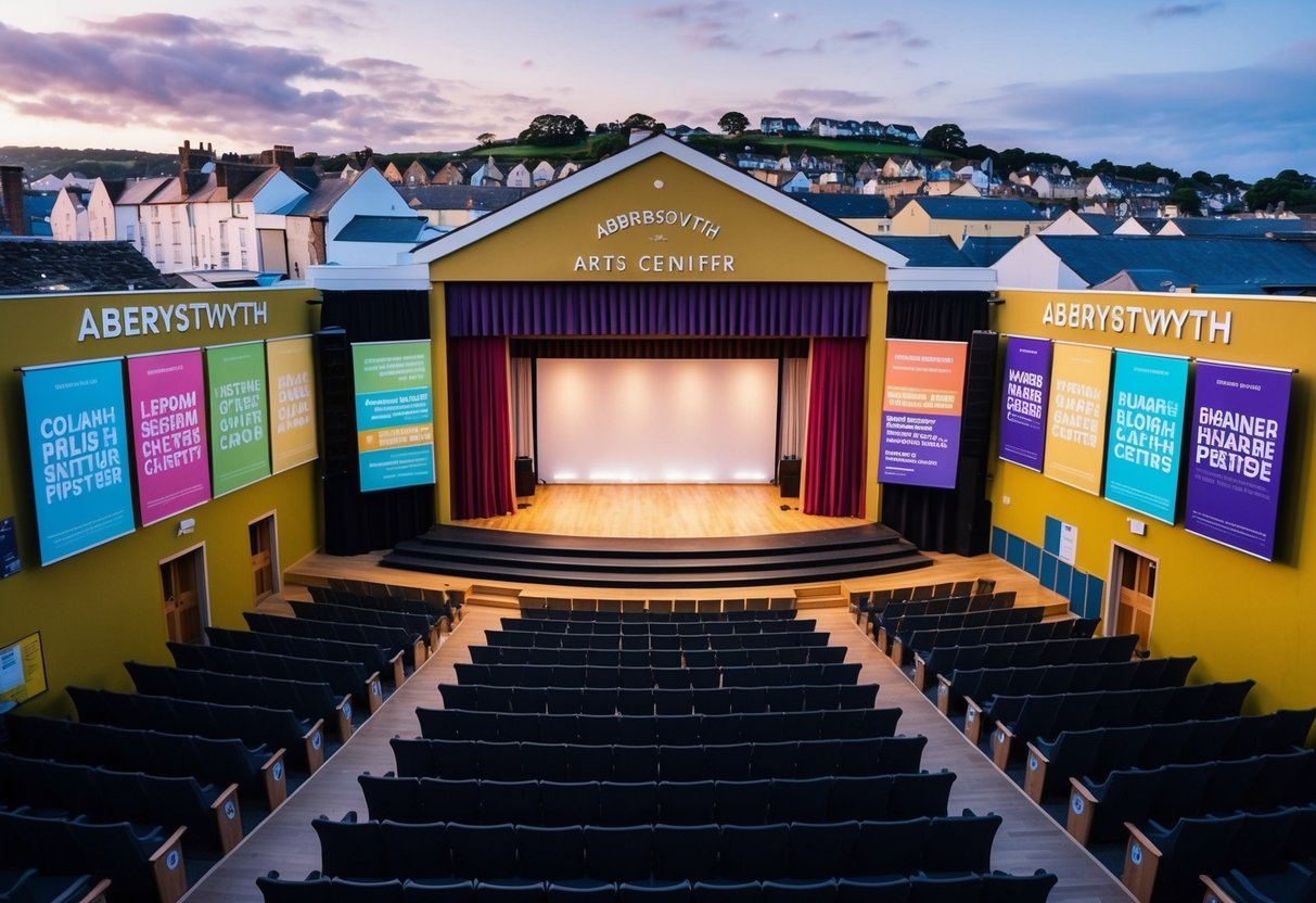 A bustling arts center with colorful posters, a grand stage, and audience seating, set against the backdrop of the charming town of Aberystwyth