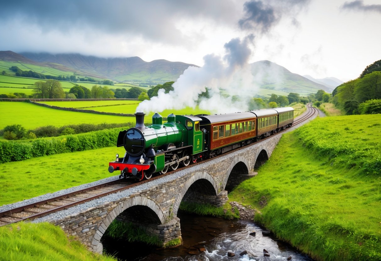 A steam train chugs through lush Welsh countryside, crossing a quaint stone bridge over a rushing river. The vibrant green landscape stretches out to the misty mountains in the distance