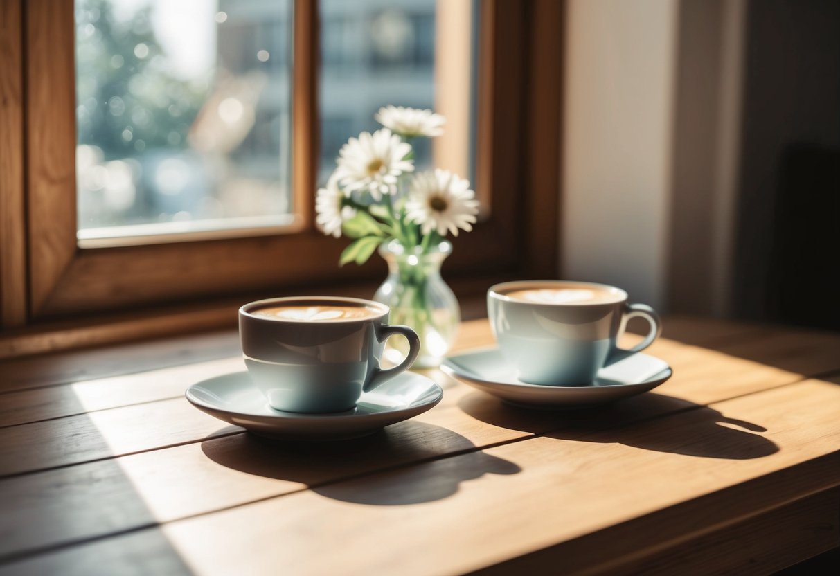 Two coffee cups on a wooden table with a small vase of flowers. Sunlight streams through a window onto the cozy setting