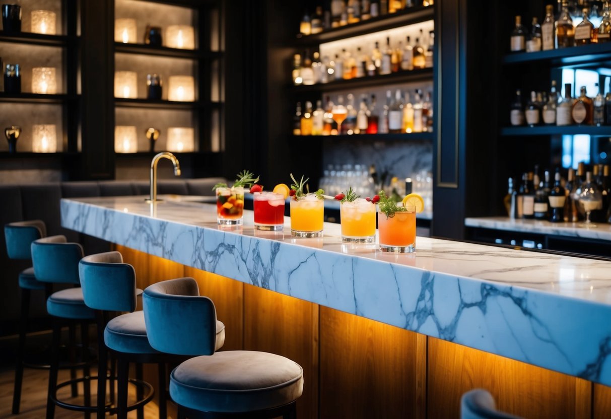 A dimly lit bar with a marble countertop, adorned with colorful cocktails and garnishes. The room is filled with cozy seating and soft lighting