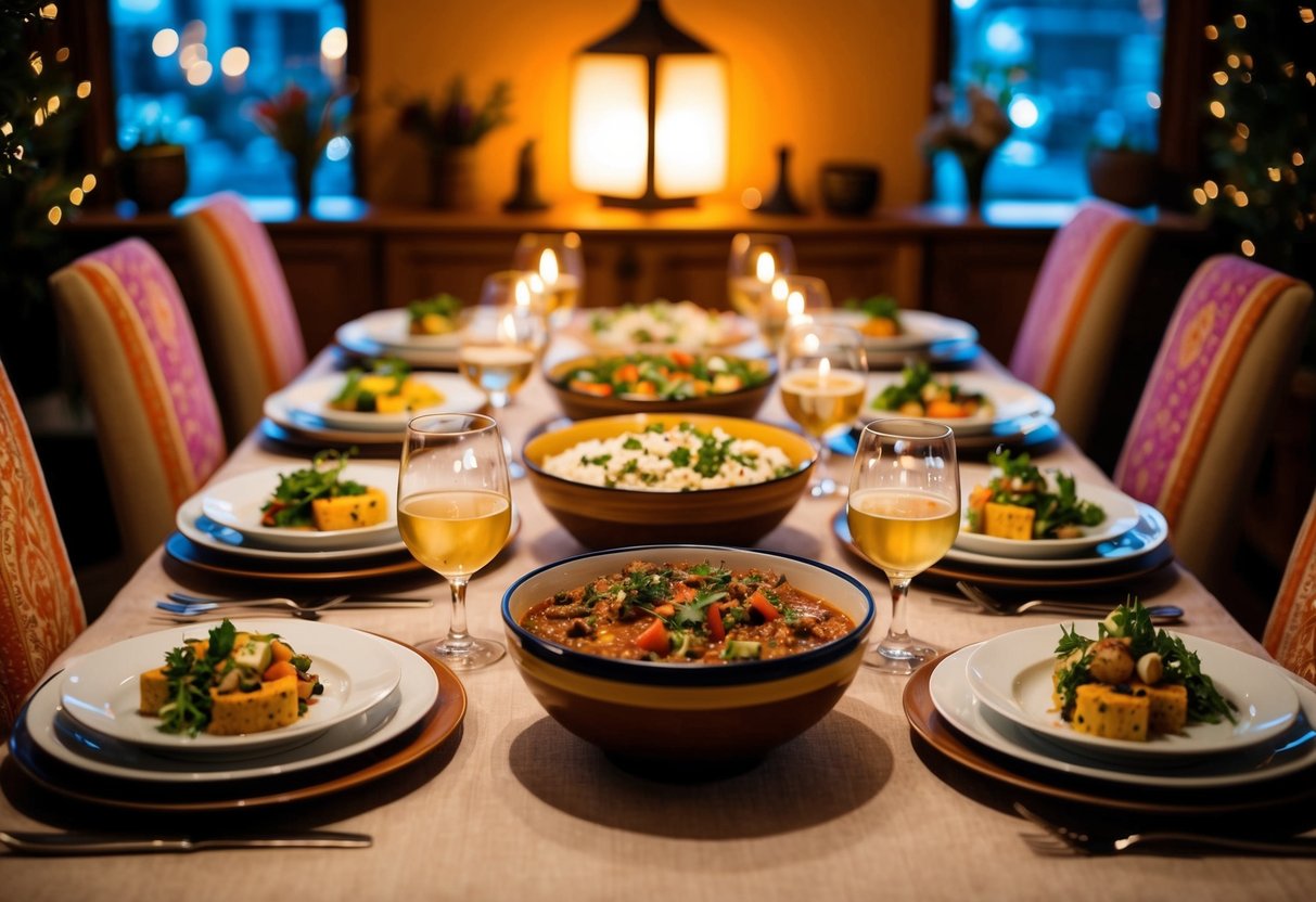 A cozy table set with a spread of Mediterranean dishes, surrounded by warm lighting and vibrant decor
