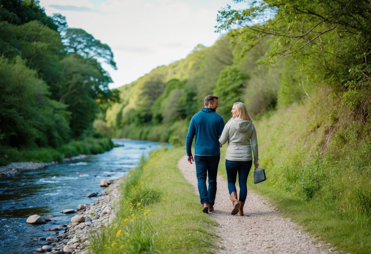 A couple strolling along the Ystwyth Trail, surrounded by lush greenery and a flowing river