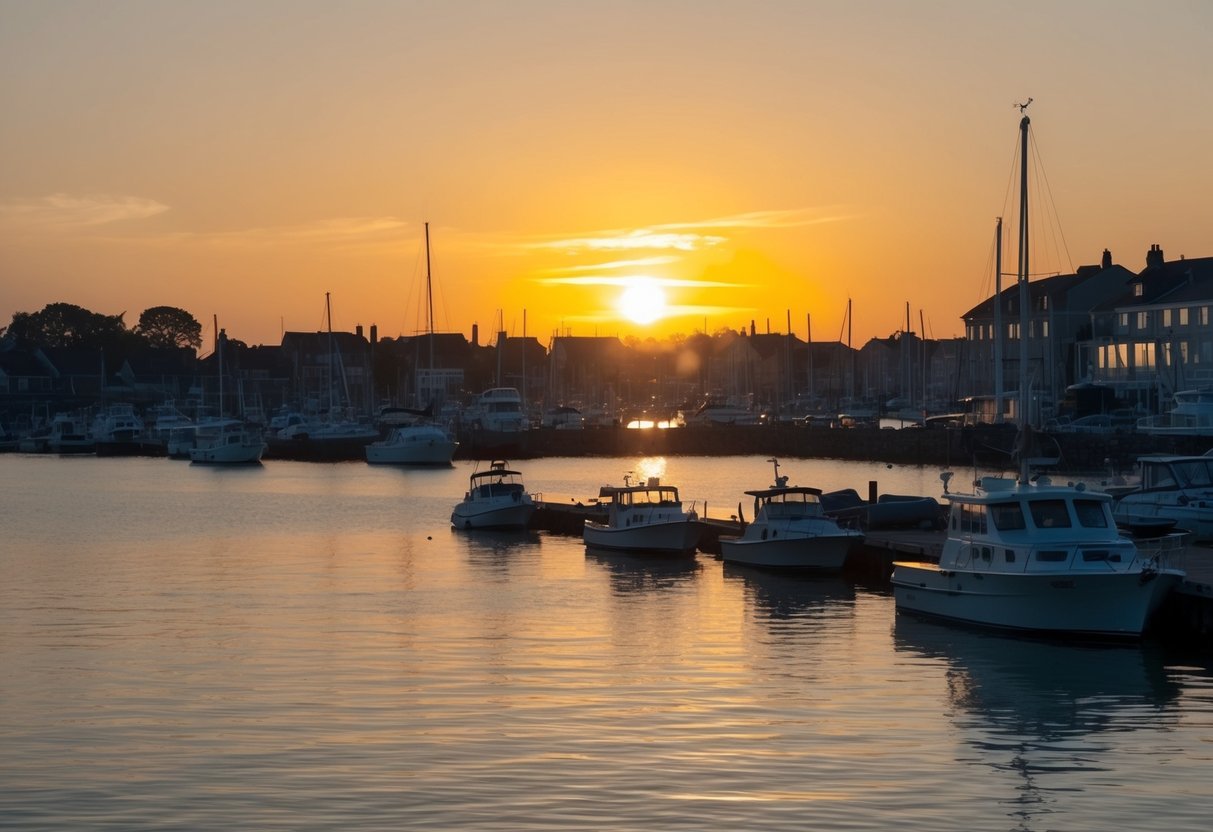 The sun sets over the tranquil harbor, casting a warm glow on the calm waters and silhouetting the boats and buildings along the shore
