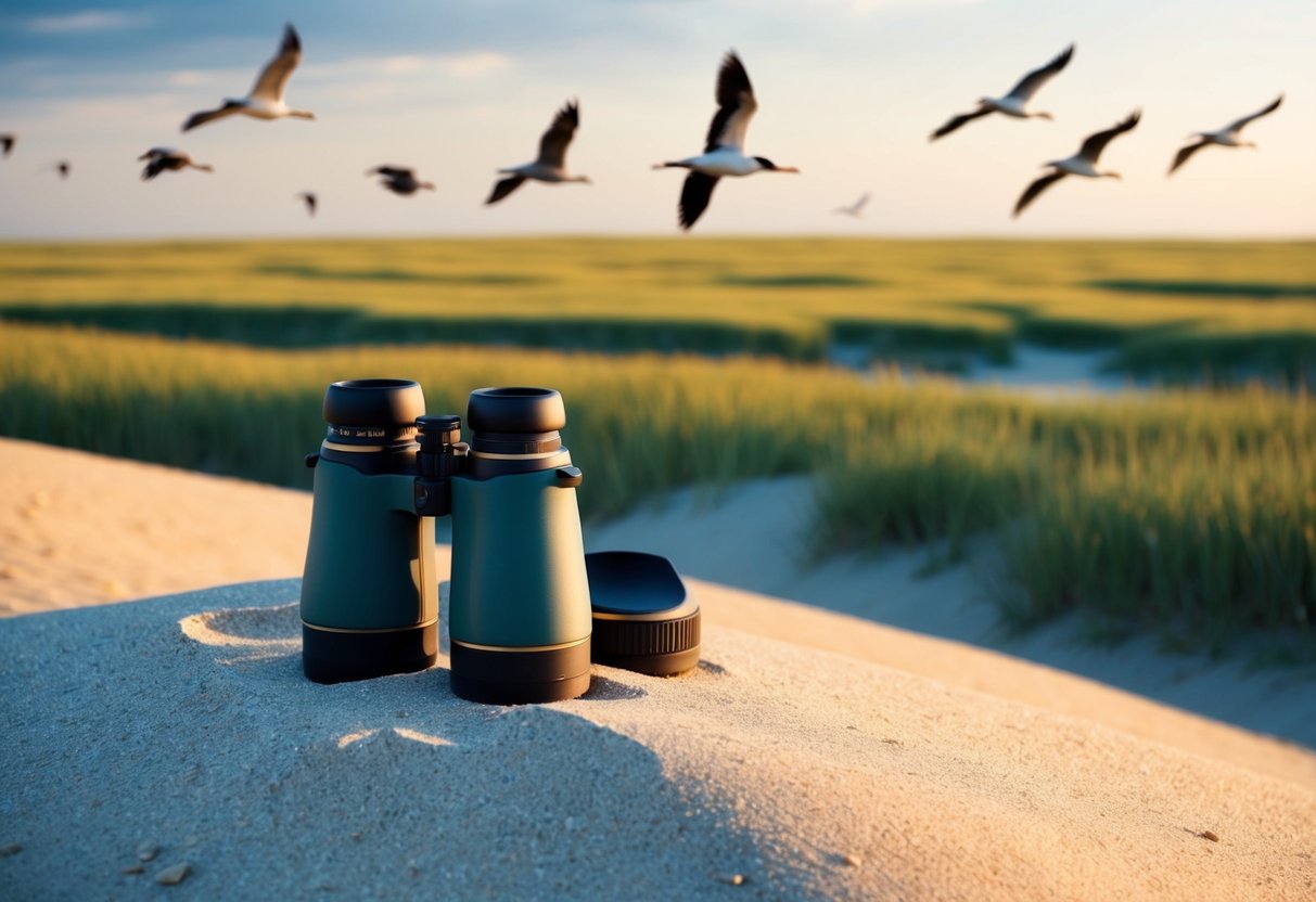 A pair of binoculars on a sandy dune, overlooking a vast expanse of grassy marshland with various species of birds in flight
