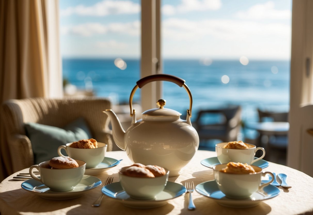 A table set with a teapot, cups, and pastries in a cozy, sunlit room with a view of the sea