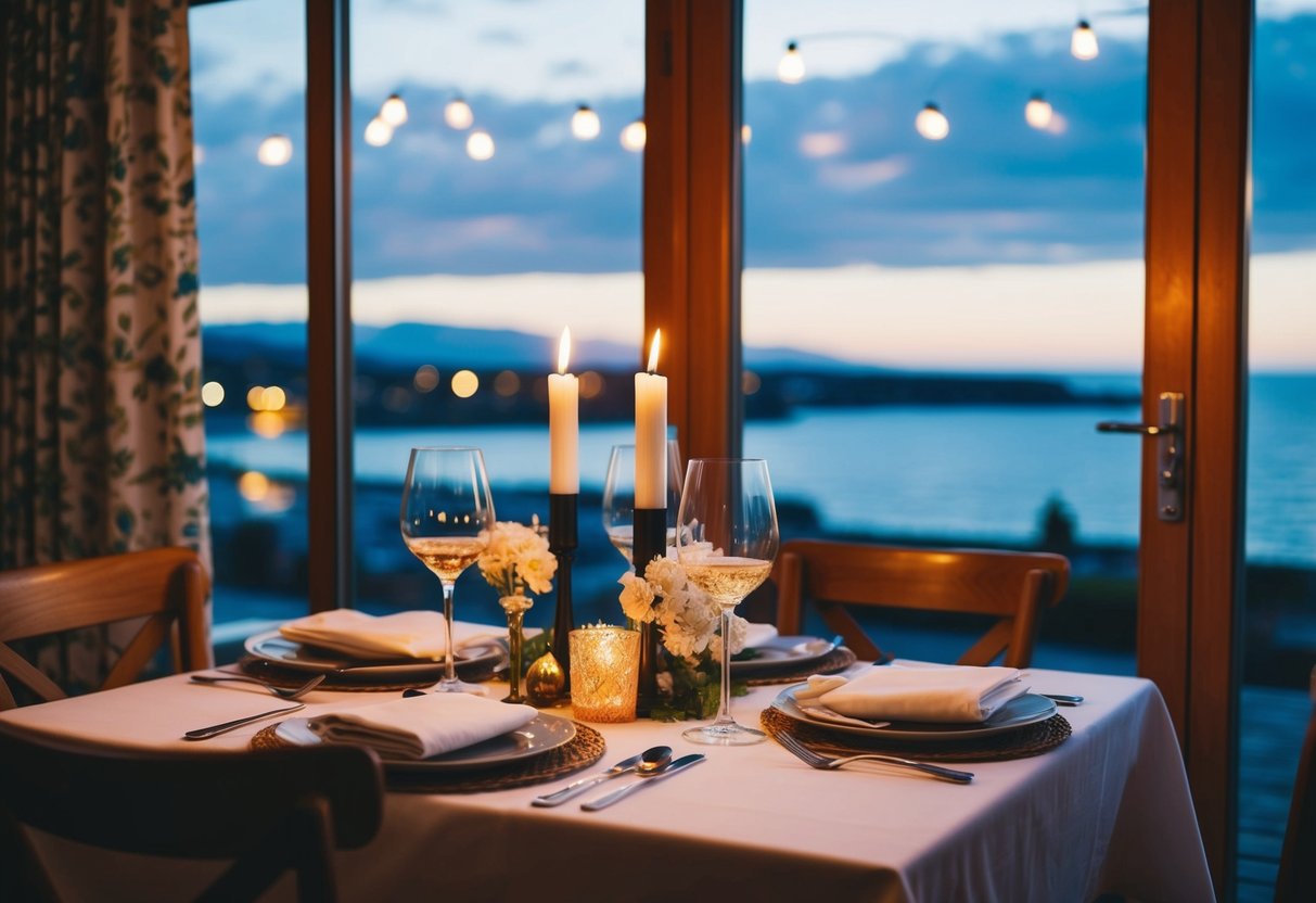 A cozy table set with wine glasses, candlelight, and a view of the seaside at Baravin in Aberystwyth