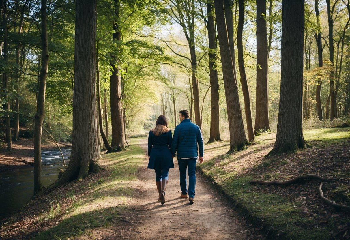 A couple walks through Penglais Woods, surrounded by tall trees and dappled sunlight, with a small stream running alongside the path