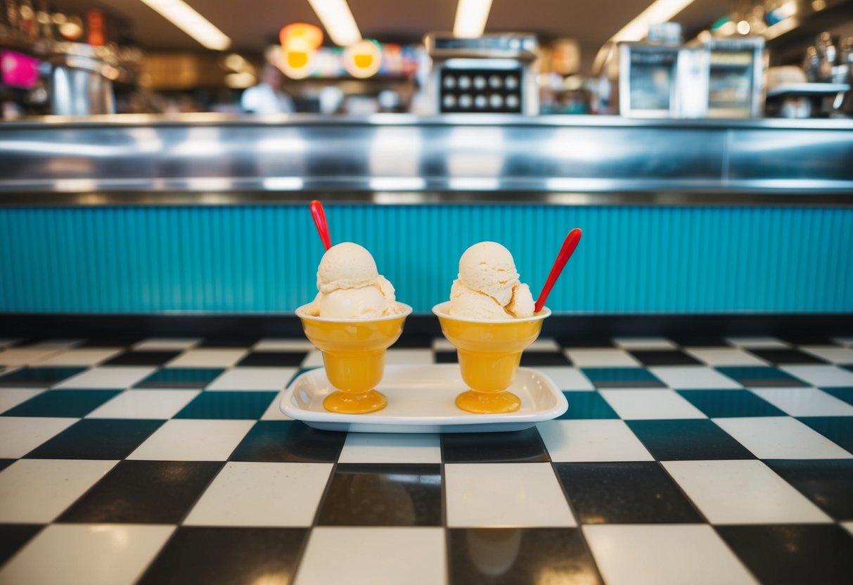 A retro diner counter with two ice cream sundaes and a checkered floor