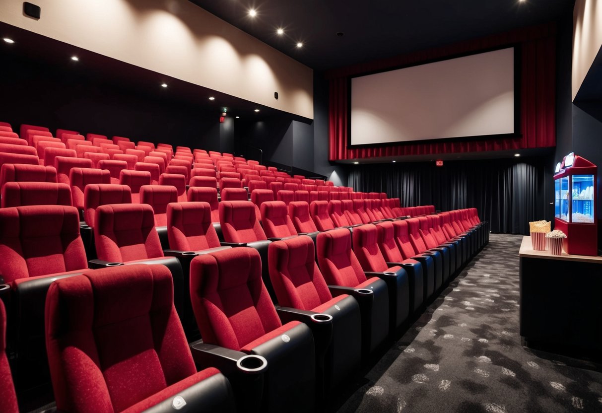Movie theater interior with rows of red seats, large screen, and dim lighting. Popcorn and drinks at the concession stand