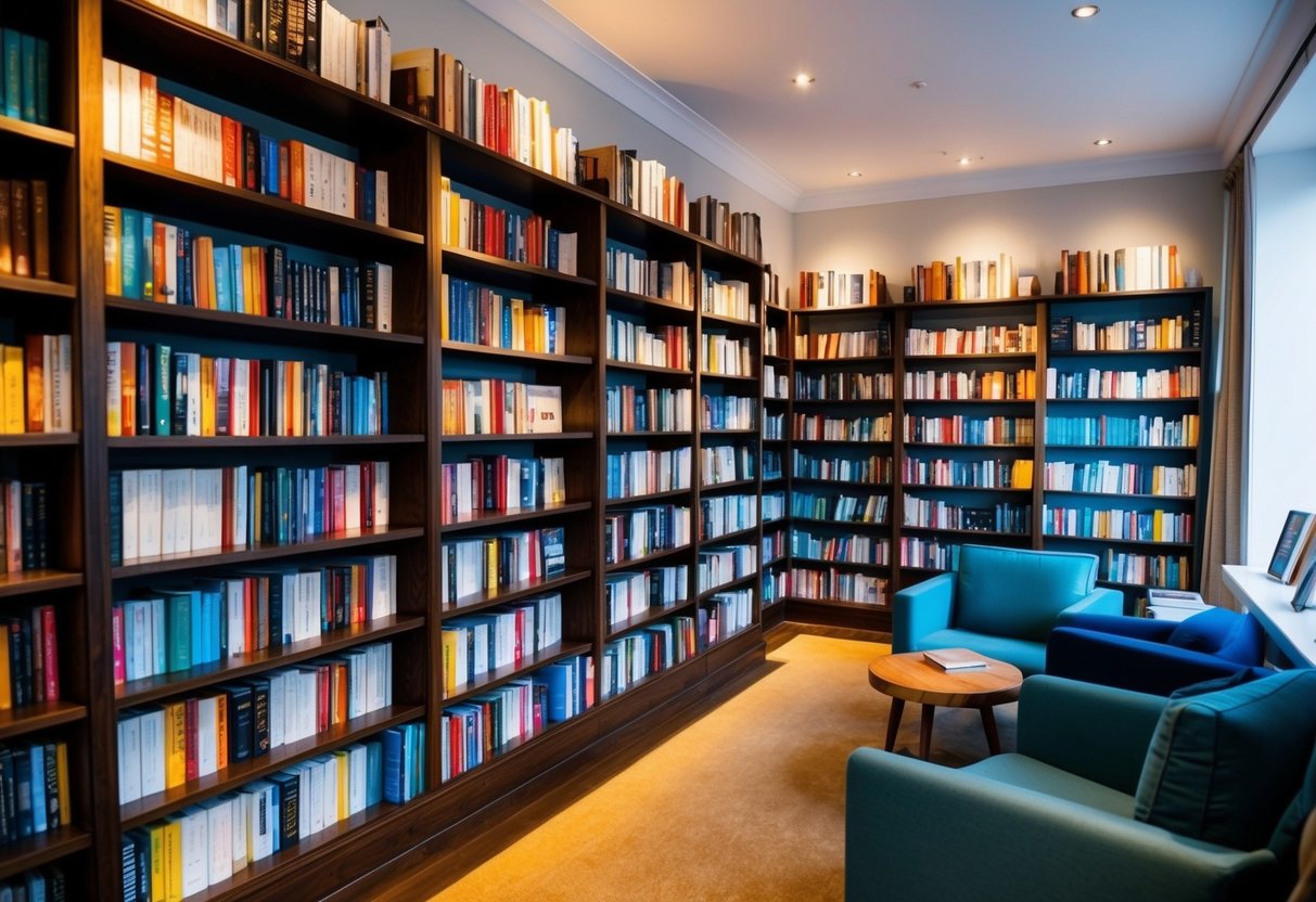 A cozy bookshop with shelves filled with colorful books, soft lighting, and comfortable seating areas for browsing and reading