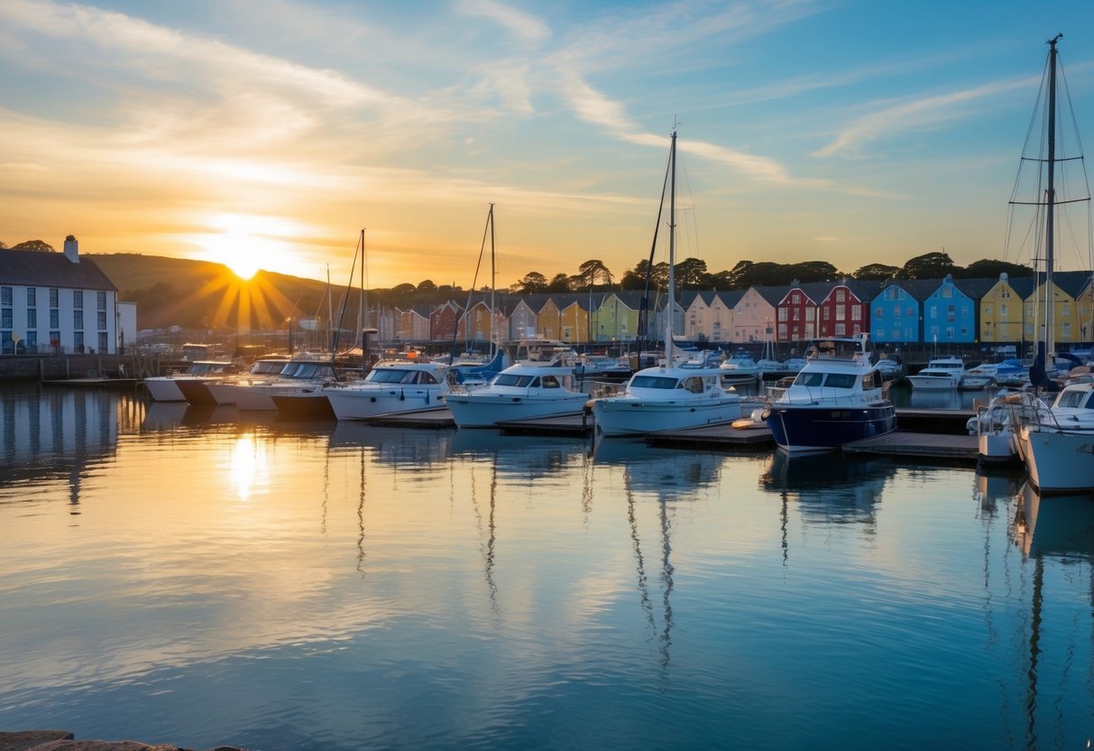 The sun sets over the Aberystwyth Marina, casting a warm glow on the boats and reflecting off the calm water. The colorful buildings along the waterfront add to the picturesque scene