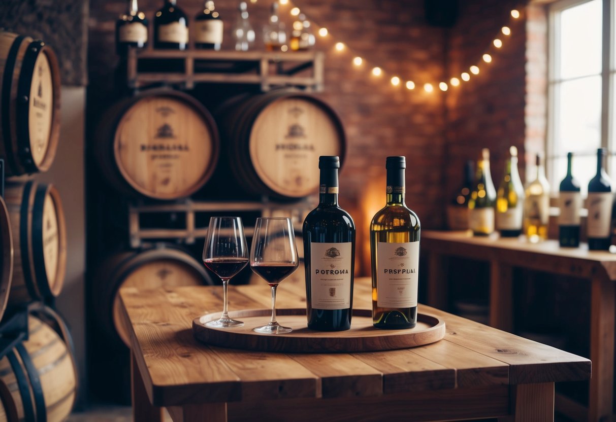 A cozy distillery with barrels, wine bottles, and tasting glasses on a wooden table, surrounded by rustic decor and soft lighting