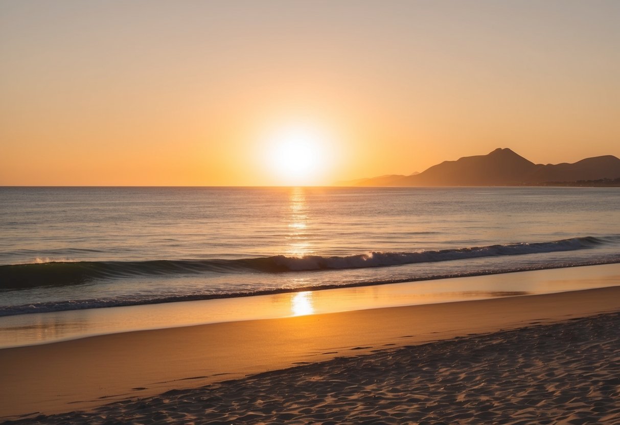 The sun sets over Mwnt Beach, casting a warm glow on the golden sand and calm waves, creating a peaceful and romantic atmosphere for a date