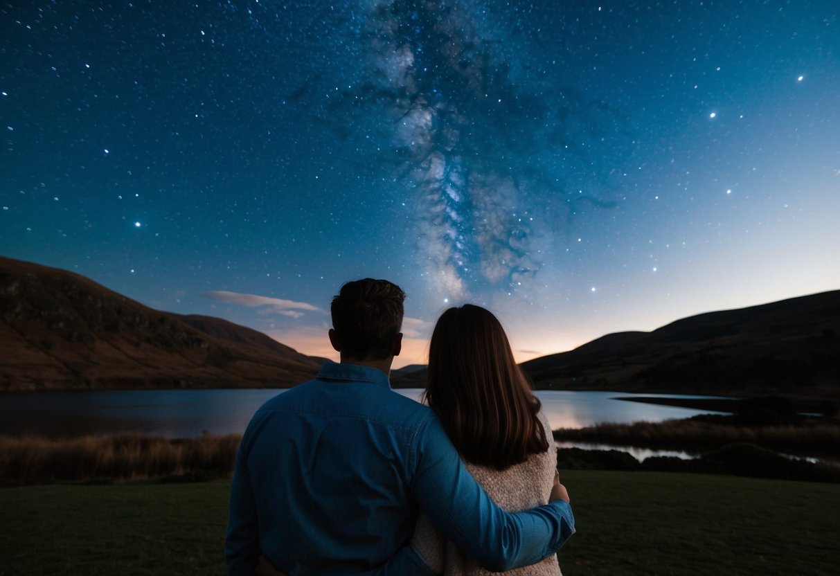 A couple gazes up at the night sky at Bwlch Nant yr Arian, surrounded by rolling hills and a tranquil lake