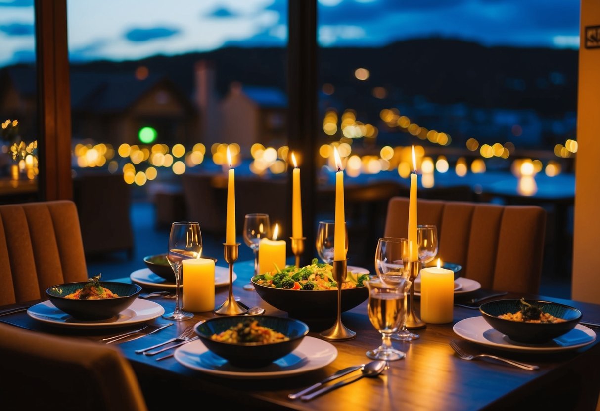 A cozy table set with candles and exotic dishes at Light of Asia restaurant in Aberystwyth