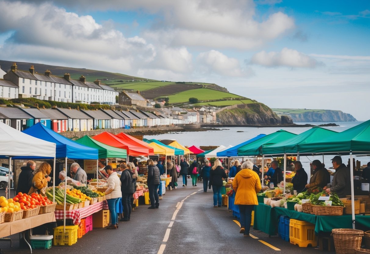 The bustling Aberystwyth Farmers' Market with colorful stalls and diverse produce, set against the backdrop of the Welsh coastline