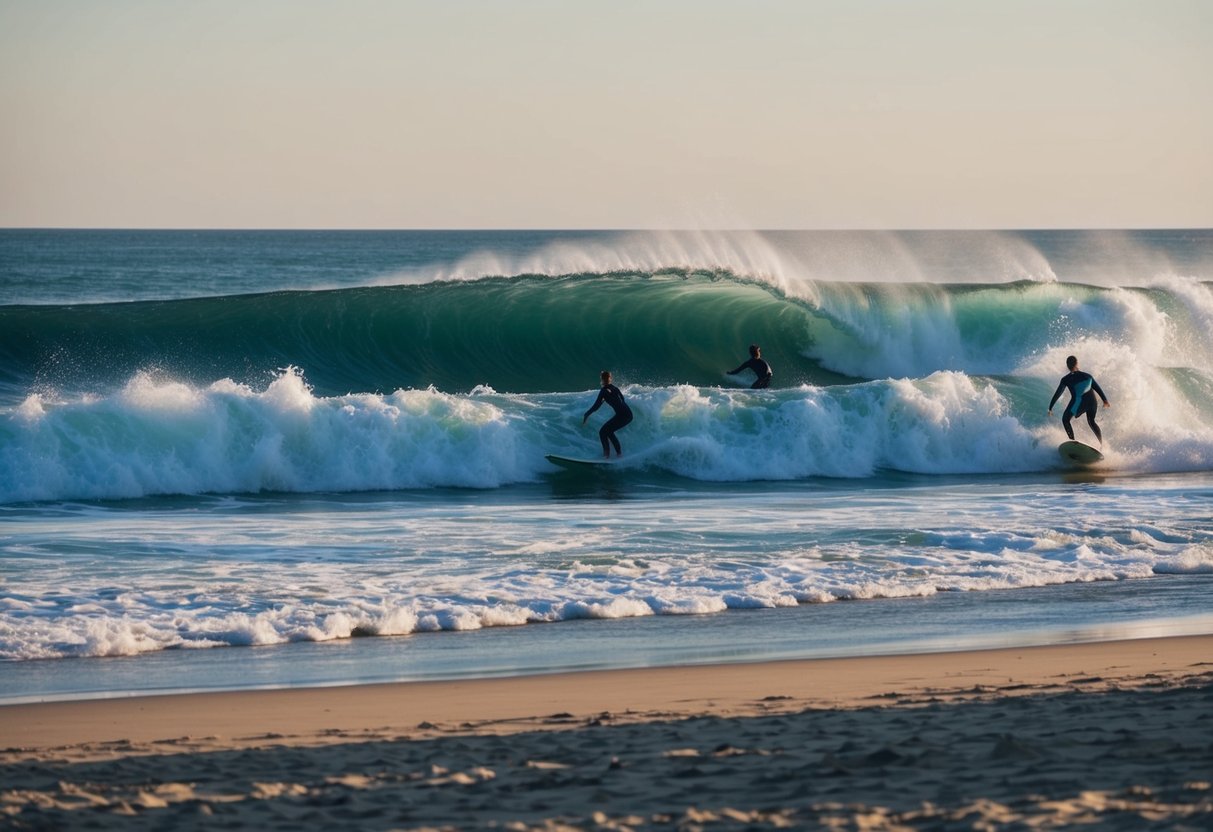Waves crashing on sandy shore, surfers riding the waves at Borth Beach, under a clear sky with a hint of sunset