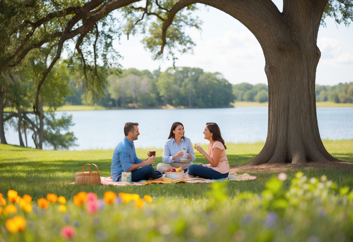 A couple picnicking under a large oak tree at Abilene State Park, with a serene lake in the background and colorful wildflowers in the foreground