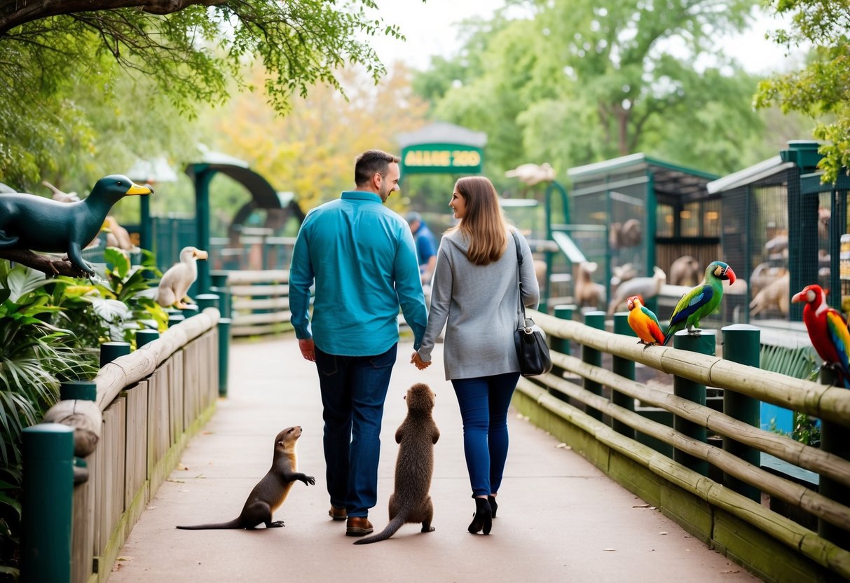 A couple walks through the Abilene Zoo, surrounded by lush greenery and various animal exhibits. They stop to admire the playful otters and colorful birds