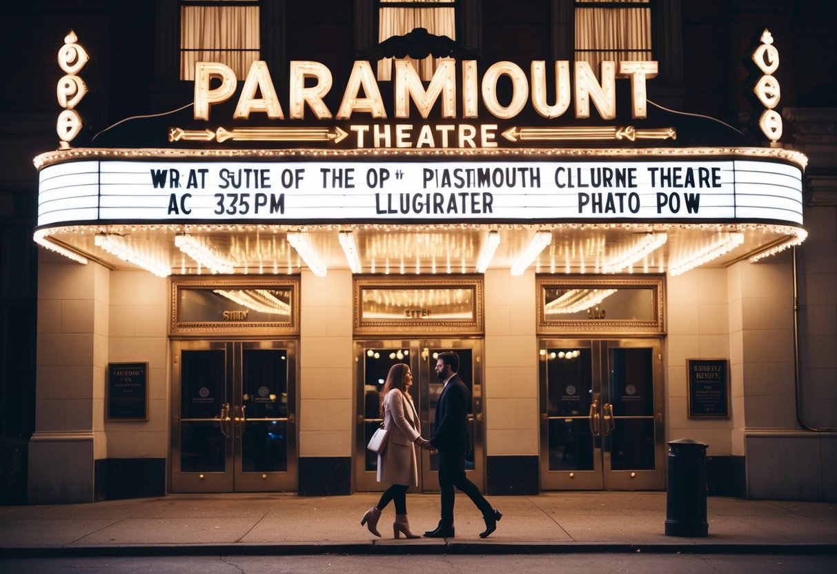 The marquee of Paramount Theatre illuminates the night, casting a warm glow on the historic building's facade. A couple strolls by, hand in hand, taking in the romantic ambiance