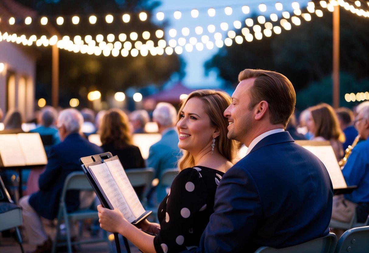 A couple enjoys a romantic evening at an outdoor concert, surrounded by twinkling lights and the sound of the Abilene Philharmonic Orchestra in Abilene, Texas
