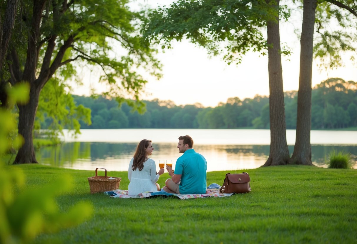 A couple picnicking by a tranquil lake at Abilene State Park, surrounded by lush greenery and the sounds of nature