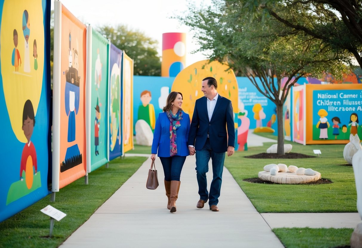 A couple strolls through a vibrant outdoor art exhibit at the National Center for Children's Illustrated Literature in Abilene, Texas, surrounded by whimsical illustrations and sculptures